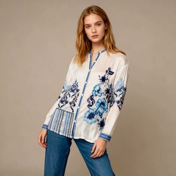 NWOT Johnny Was Embroidered Floral Long Sleeve Top Shirt Blouse Sz XS Blue - Picture 1 of 15